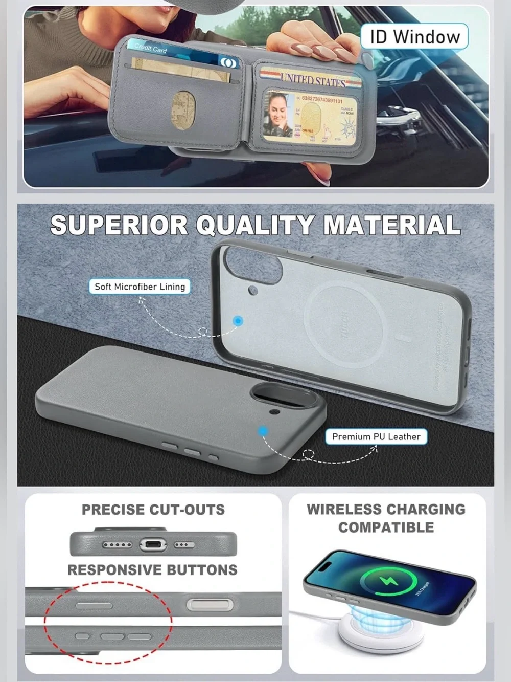Gray RFID Blocking Magnetic Wallet & Phone Case for IPhone 16